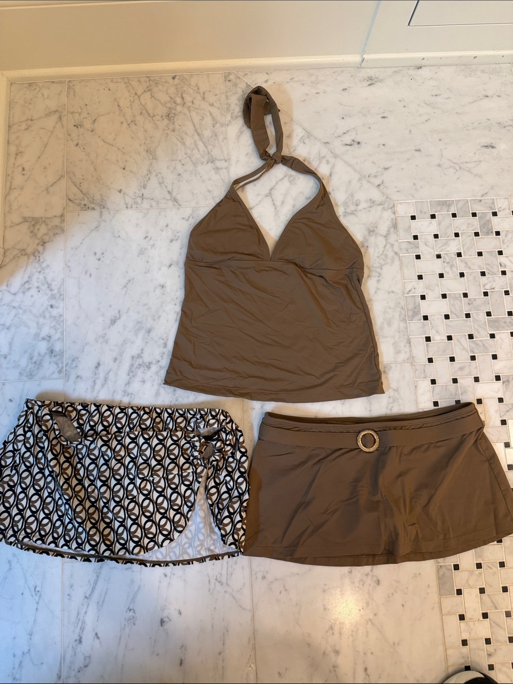 Women’s Brown Halter Swim Tankini Set with 2 Skirted bottoms